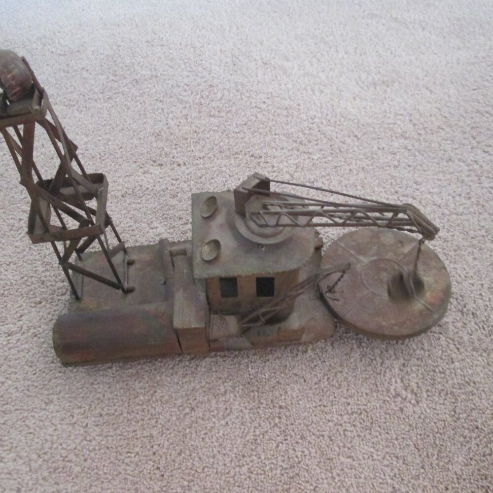 Music Crane dredger Metal Art, Vintage with logs and helo. pad, 1 of a Kind